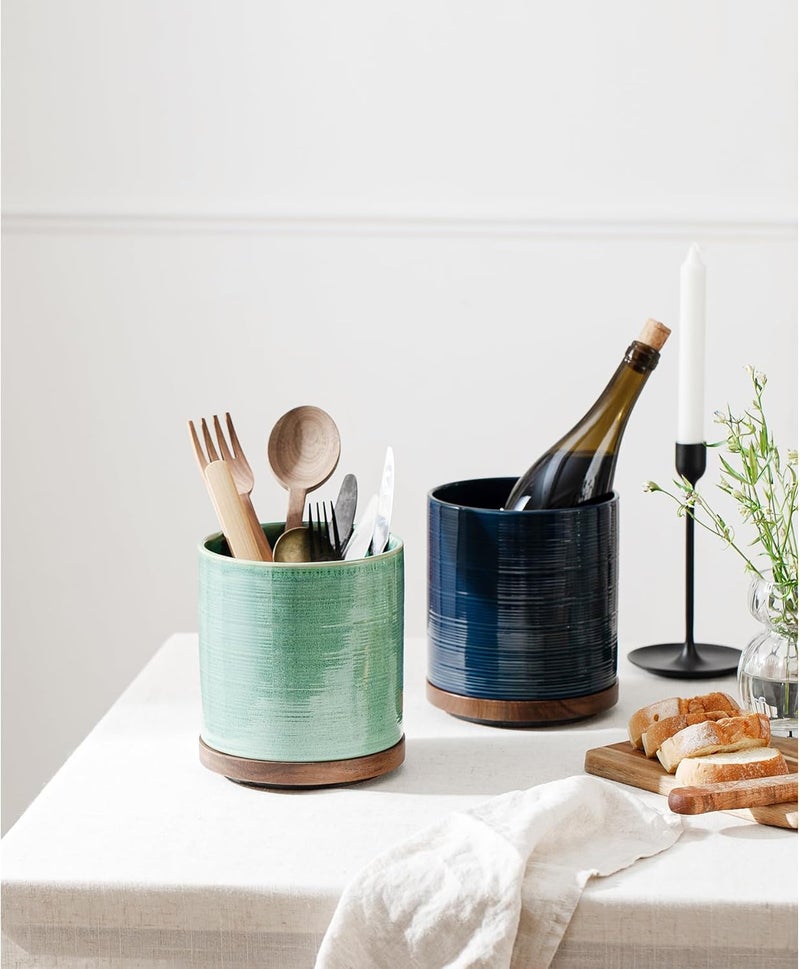 MIKIGEY Utensil Holder, 360° Rotating Extra Large Ceramic Kitchen Utensil Holder for Countertop, 7.3“ Cooking Utensil Crocks for Kitchen Counter with Rotatable Wooden Base, Farmhouse Decor, Forest Green - Image 5